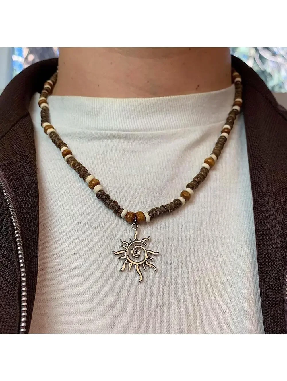 Y2k 2000s style Wood Beaded Necklace with Cyber Star Sun Pendant. Item is